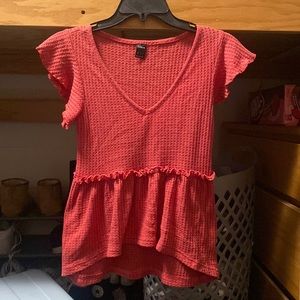 EMERY ROSE Butterfly Sleeve Waffle Knit Peplum Top XS